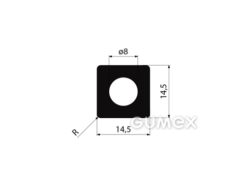 Quadratisches Gummiprofil mit Loch, 14,5x14,5mm, 50°ShA, EPDM, ISO 3302-1 E2, -40°C/+100°C, schwarz, 